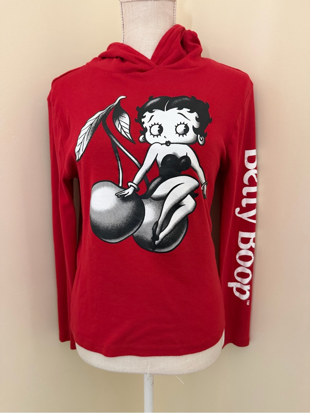 Betty Boop Red Long Sleeve Hoodie with Cherry Graphic - Picture 4 of 12